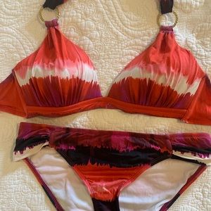 Women’s bikini by A.N.A. Size 10, orange/ white/black pattern w/gold rings $12